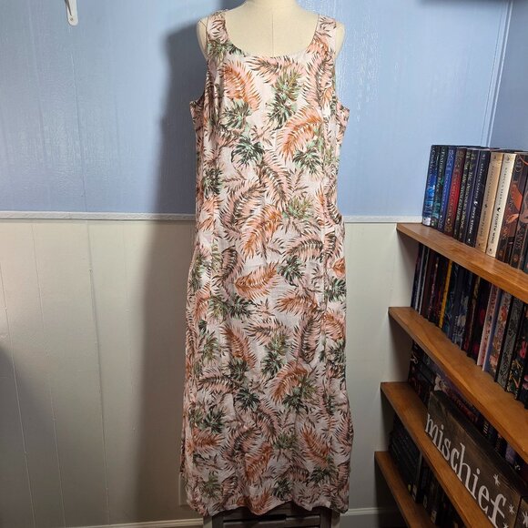 J. Jill Love Linen 1X 100% Linen Pink Green Tropical Sleeveless Long Tank Dress - Picture 1 of 11
